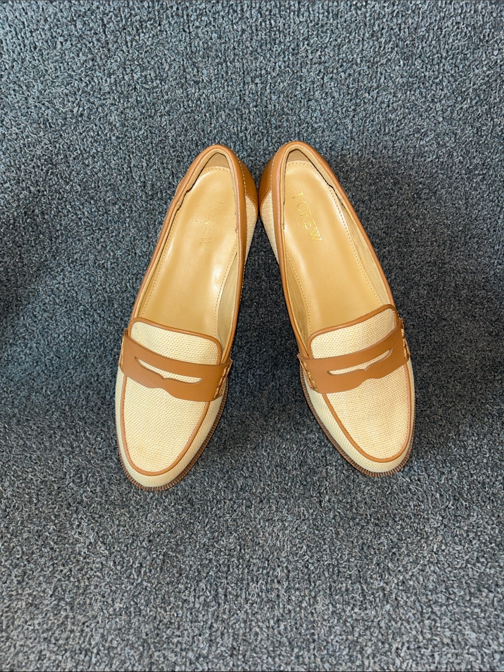 J. Crew Tan Leather and Cream Canvas Penny Loafers